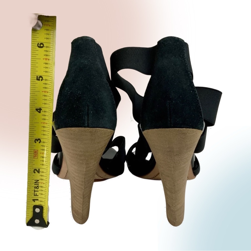 BCBG MAXAZRIA Black Leather & Elastic Strappy Sandals with Stacked Heel - Picture 8 of 12